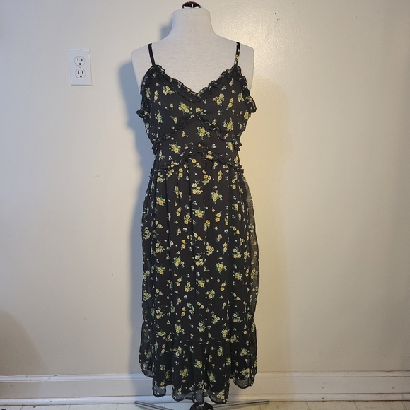 No Boundaries (Juniors L 11-13) Black Ditsy Floral Ruffle Midi Slip Sundress - Picture 2 of 9